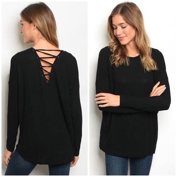 Tops - LAST Black Lace-Up Back Tunic Sweater 19001